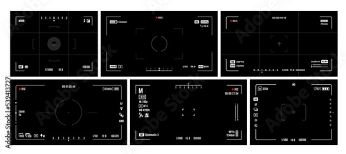 Video and photo camera viewfinder screen display frames. Videography device focus screen, DSLR camera interface vector grid. Camcorder overlay display with shutter speed, aperture, exposure indicator