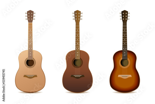 3d realistic vector icon. collection of acoustic dark wooden guitars. 