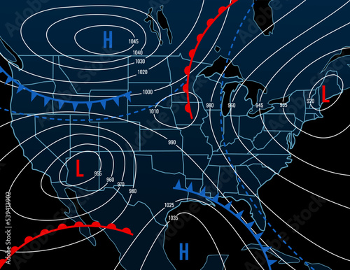 Forecast weather isobar night map of USA. Meteorology diagram with wind front and temperature. Synoptic isobar map, climate and climatology vector infographics with temperature data