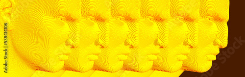 Voxelized face. Profiles of soliders. Technology and robotics concept. 3D vector illustration of multiple cloned humans. Design for presentation, cover or brochure.