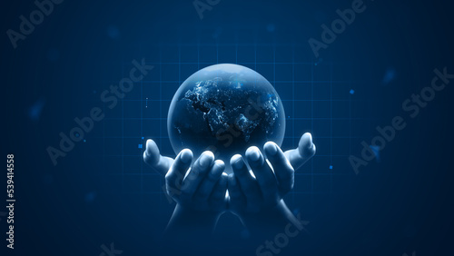 Fototapeta Naklejka Na Ścianę i Meble -  Hand holding global virtual internet world connection of metaverse technology network digital communication and worldwide networking on connect background. Elements of this image furnished by NASA.