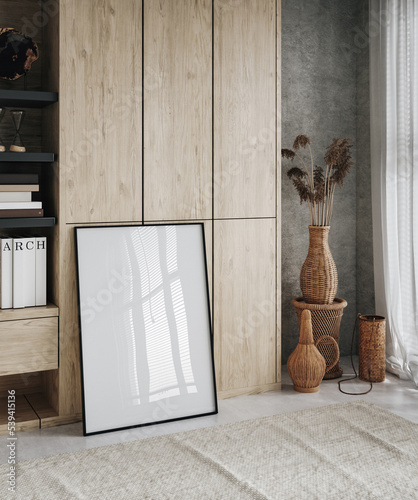 Mockup poster frame in minimalist modern interior, 3d render