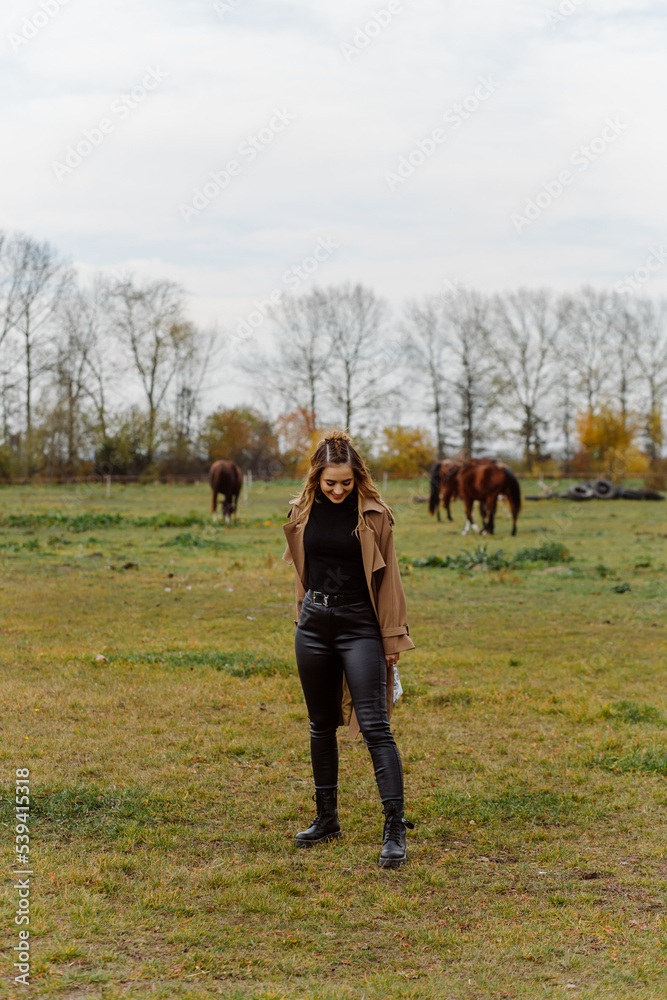 Woman on a horse at rancho. Horse riding, hobby time. Concept of animals and human Woman on a horse at rancho. Horse riding, hobby time. Concept of animals and human