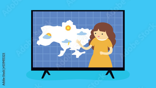 Weather forecast on TV, TV presenter, map of Ukraine
