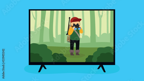 Hunter in the forest on the TV screen