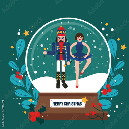 Merry christmas glass ball with Nutcracker and Clara Girl Ballerina at snow. Doll guard. Cute soldier toy. December Ballet party. Creative Merry Xmas invitation. Happy New Year. Winter holidays.
