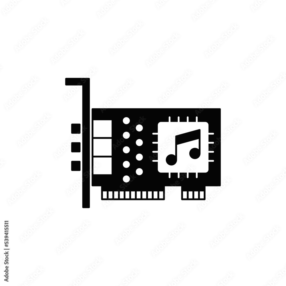 Sound card icon in black flat glyph, filled style isolated on white background