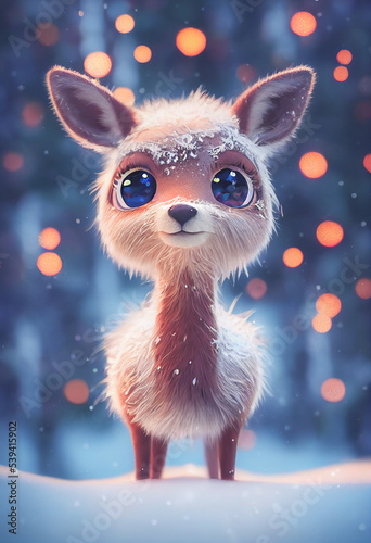 Adorable deer on a bokeh background with snow. Christmas background concept.