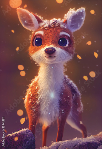Adorable deer on a bokeh background with snow. Christmas background concept.