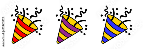 Party popper icons in different colors.Confetti logo,congratulate and celebrate elements.Vector party poppers set.Exploding cracker icon.