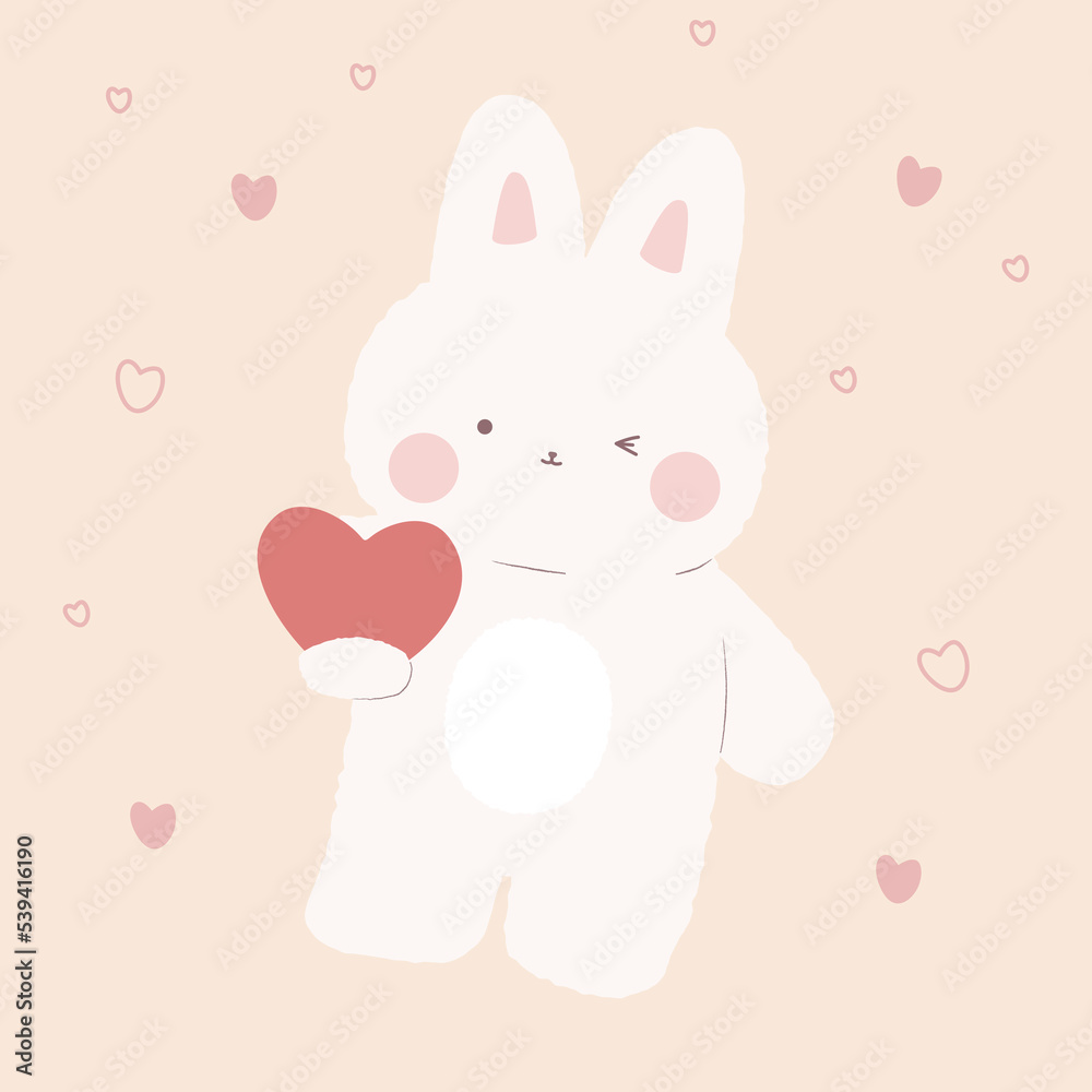 Kawaii rabbit with heart in his hands. Cute bunny character on yellow background with hearts.  Valentines day card. Stock vector illustration, eps 10