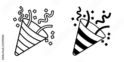 Party popper emoji  icons with ribbon and confetti.Congratulate and celebrate elements.Confetti logo.Vector party poppers set.Exploding cracker icon.