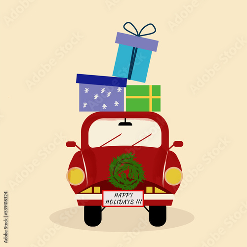 New Year's card in vector red car with gifts