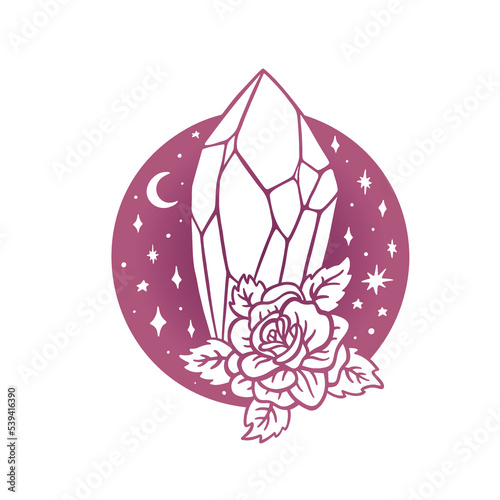 Mystical crystal with flower and crescent moon. Bohemian gemstone. Cosmic illustration. Tarot card design