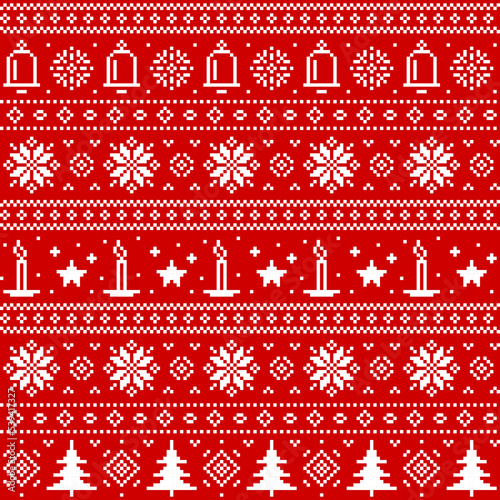 Christmas sweater seamless pattern with winter holidays vector ornaments. Xmas background with knitted texture, red white pattern of ugly sweater with Christmas trees, snowflakes, Xmas bells, candles