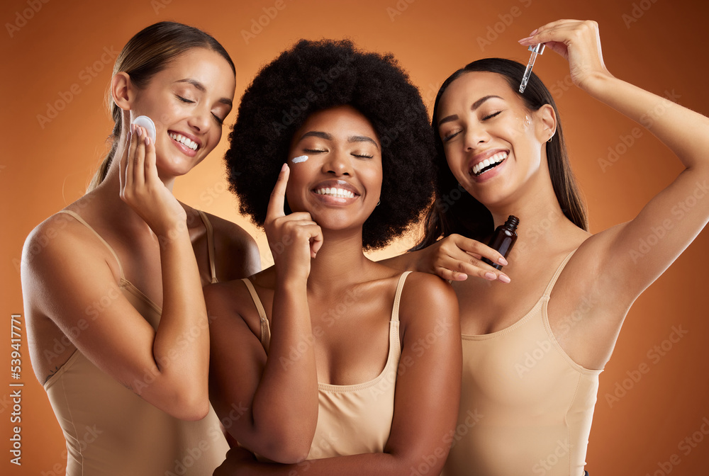 Obraz premium Beauty, skincare and diversity with a model woman group in studio on a brown background for antiaging or wellness. Product, skin and care with female friends posing together for health or cosmetics