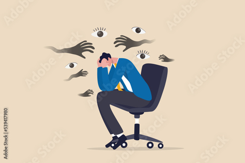 Paranoia, fear and panic cause by mental health, phobia or disorder from mental disorder, depression from stress and anxiety concept, paranoia businessman sitting on a chair with creepy hand and eyes. photo