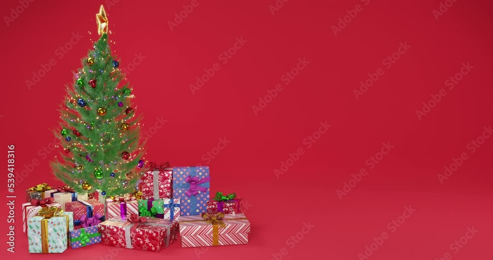 Christmas tree decorations and present boxes at red background. Amazing fairy light garland radiating Christmas spirits and mood.