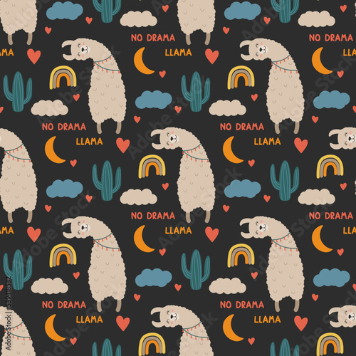 seamless pattern with cute alpaca and decor