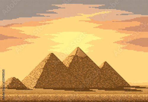 8bit pixel pyramids in Egypt desert. Retro 8bit arcade screen wallpaper with pharaoh tomb, platform console game desert vector landscape. Indie pixel game level design asset with Giza pyramids