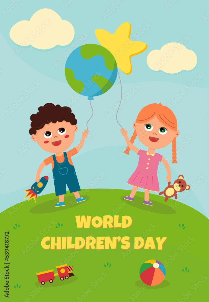 World Children's Day, vector greeting card, children playing in the park