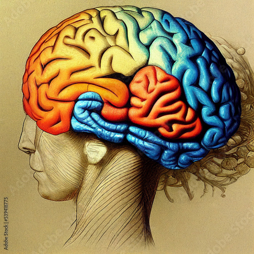 digital drawing abstract of human head with colorful motion paths for topics on art, psychology, creativity, imagination and dreams. Creative piece and logic piece with social and business doodle