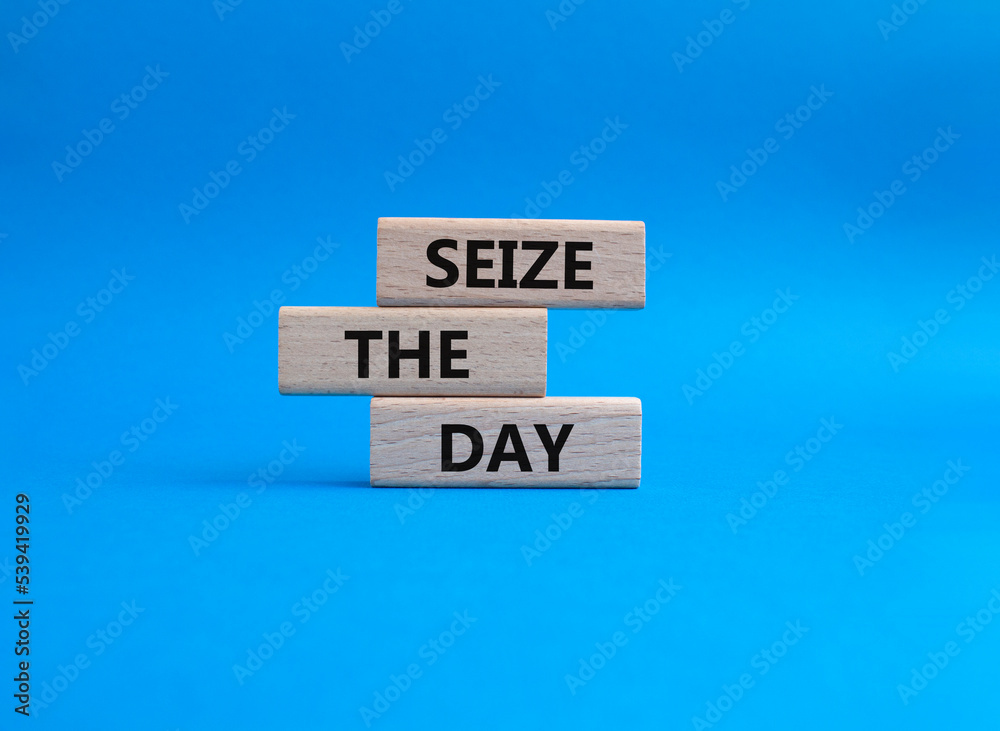 Seize the day symbol. Wooden blocks with words Seize the day. Beautiful blue background. Business and Seize the day concept. Copy space. Seize the day symbol. Wooden blocks with words Seize the day. Beautiful blue background. Business and Seize the day concept. Copy space.