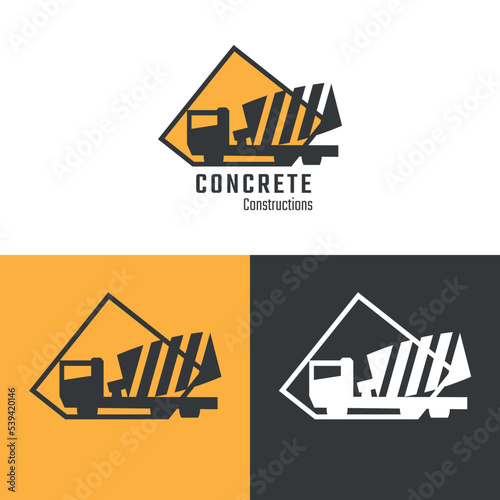 Concrete mixer truck on white, orange and black backgrounds. Modern logotype for construction company or marketing purpose.