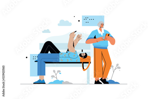 People use gadgets concept with human scene in flat style. Man and woman using smartphones, scrolling feeds, networking and online communicate. Vector illustration with character design for web