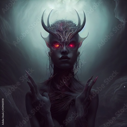 Black seductive female devil with crossed arms. Demon with burning eyes in the fog. Digital illustration