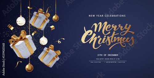Christmas Realistic 3D trending backgrounds. Golden 3d gift boxes with golden ribbon hang on a dark background. Place for an inscription.
