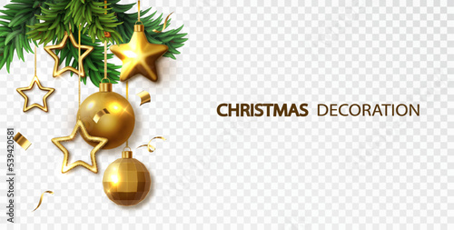 Christmas decoration, composition of golden Christmas toys and green branches isolated on transparent background. Template for new year banner.