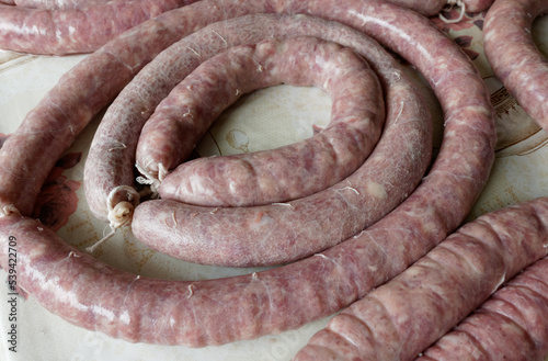 Homemade Pork susages. Traditional polish meat sausages meat process