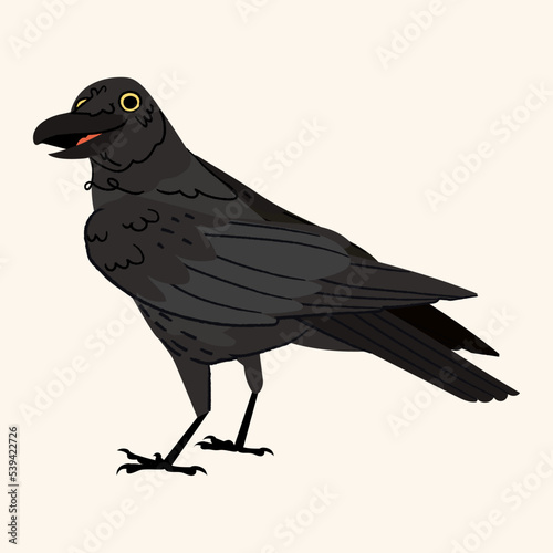 Smile cute black crow vector isolated on beige background. Bird Halloween character illustration