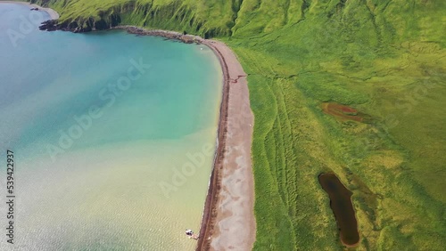Aerial view of the coastline along Mukushin Bay, Unalaska island, Alaska, United States.