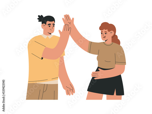 Couple of happy man and woman giving high five. Friendly meeting, gesture of partnership and success. Hand drawn vector illustration isolated on white background, modern flat cartoon style.