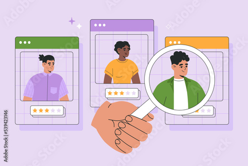 Hand with magnifying glass pointing best candidate. Hr manager searching online new employee. Resume analysis. Hand drawn vector illustration isolated on purple background, modern flat cartoon style