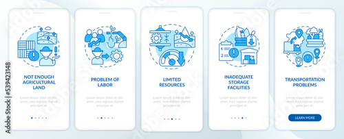 Global farming issues blue onboarding mobile app screen. Agribusiness walkthrough 5 steps editable graphic instructions with linear concepts. UI, UX, GUI template. Myriad Pro-Bold, Regular fonts used