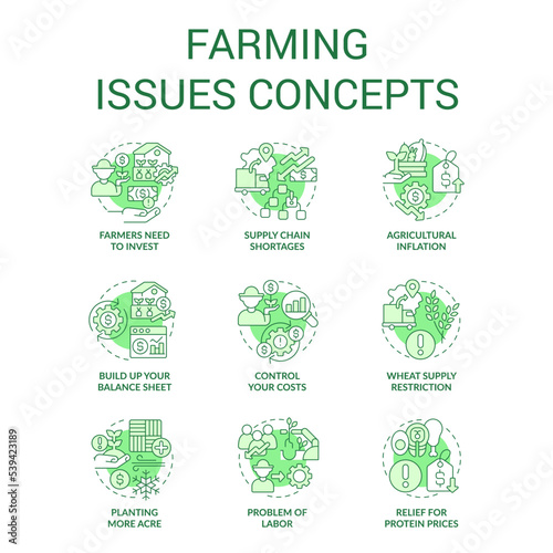 Farming drawbacks concept icons set. Agriculture issue. Problems farmers face idea thin line color illustrations. Isolated symbols. Editable stroke. Roboto-Medium, Myriad Pro-Bold fonts used