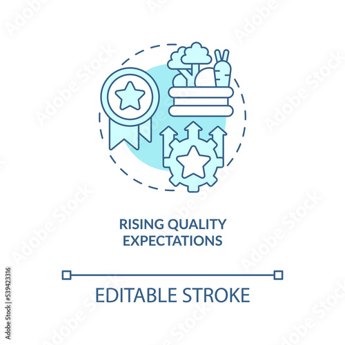 Food quality expectations turquoise concept icon. Agriculture safety. Eco-friendly abstract idea thin line illustration. Isolated outline drawing. Editable stroke. Arial, Myriad Pro-Bold fonts used