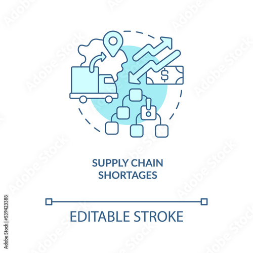Supply chain shortages turquoise concept icon. Logistic problems. Transportation abstract idea thin line illustration. Isolated outline drawing. Editable stroke. Arial, Myriad Pro-Bold fonts used