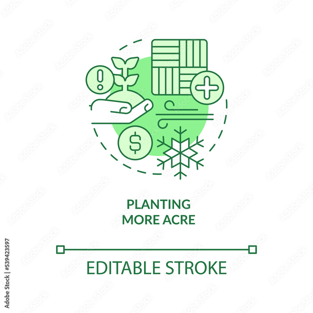 Fototapeta premium Planting more acres green concept icon. Global crops balances. Grow farmlands abstract idea thin line illustration. Isolated outline drawing. Editable stroke. Arial, Myriad Pro-Bold fonts used