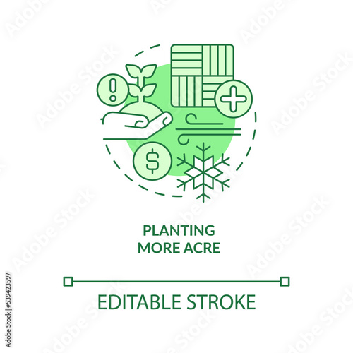 Planting more acres green concept icon. Global crops balances. Grow farmlands abstract idea thin line illustration. Isolated outline drawing. Editable stroke. Arial, Myriad Pro-Bold fonts used
