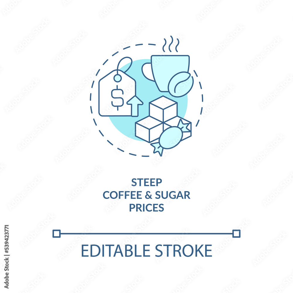 Grow coffee and sugar prices turquoise concept icon. High costs. Food inflation abstract idea thin line illustration. Isolated outline drawing. Editable stroke. Arial, Myriad Pro-Bold fonts used Grow coffee and sugar prices turquoise concept icon. High costs. Food inflation abstract idea thin line illustration. Isolated outline drawing. Editable stroke. Arial, Myriad Pro-Bold fonts used