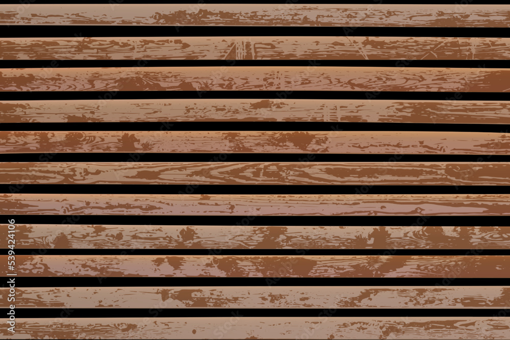 Horizontal pattern of thin wooden textured lamellas with timber print. Fence made of oak lath. Screen with rustic effect. Natural hardwood background. Vector illustration. Exterior design