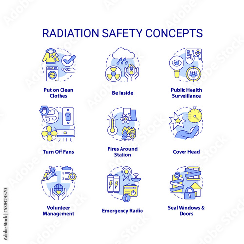 Radiation safety concept icons set. Radioactive contamination surviving idea thin line color illustrations. Isolated symbols. Editable stroke. Roboto-Medium, Myriad Pro-Bold fonts used