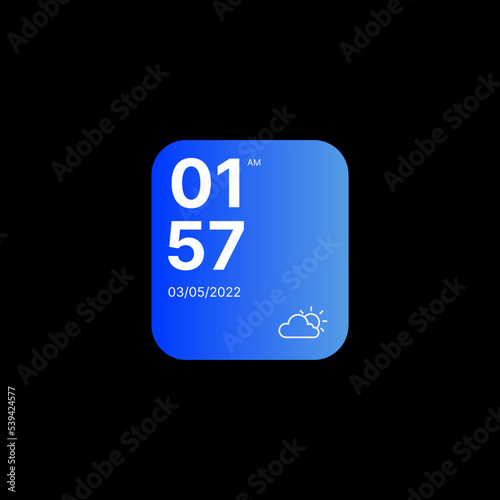 Clock with Weather Forecast Widget UI Concept on Black Background. Social Media Illustration. Editable Time, Date and Weather Icon. Web Element for Mobile Applications. Vector illustration