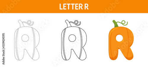 Letter R Pumpkin tracing and coloring worksheet for kids