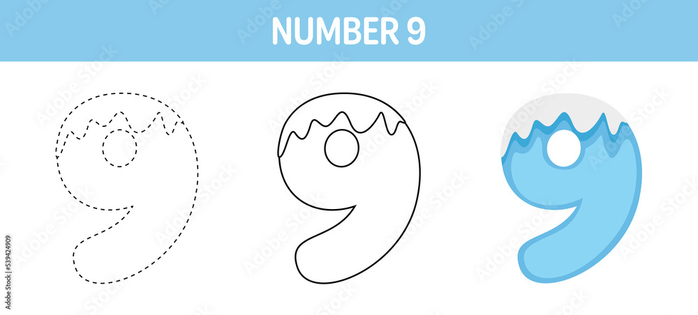 Number 9 Snow tracing and coloring worksheet for kids
