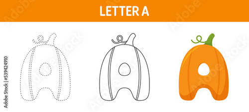Letter A Pumpkin tracing and coloring worksheet for kids